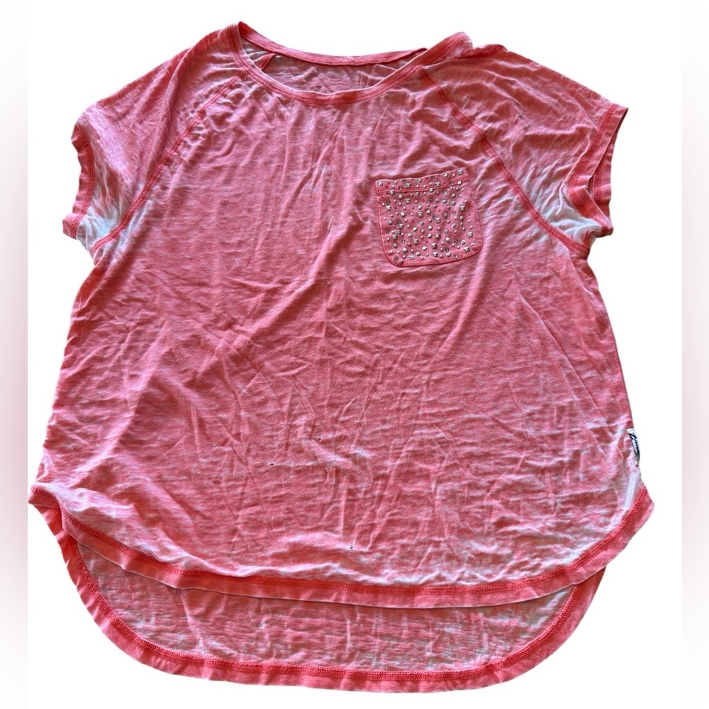 Pink Short Sleeve Top with Rhinestone Studded Pocket Detail L